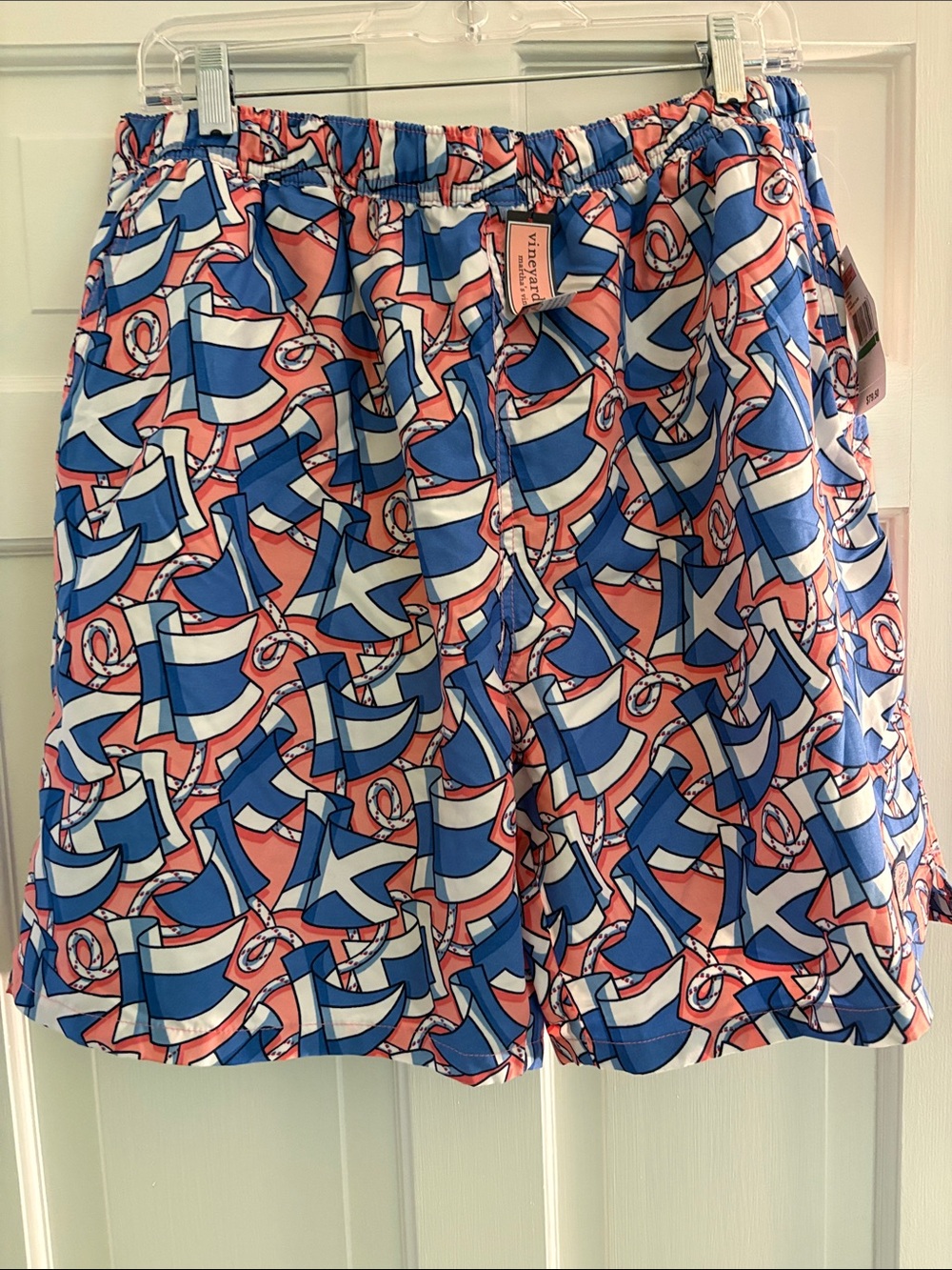 Vineyard Vines Men’s Swim Trunks in Blue, Coral & White Nautical Flag Print